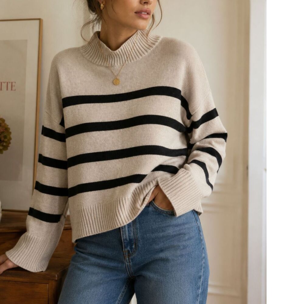The Reset R Label Wool Cashmere Striped Turtleneck Sweater Size XL Cozy Chic